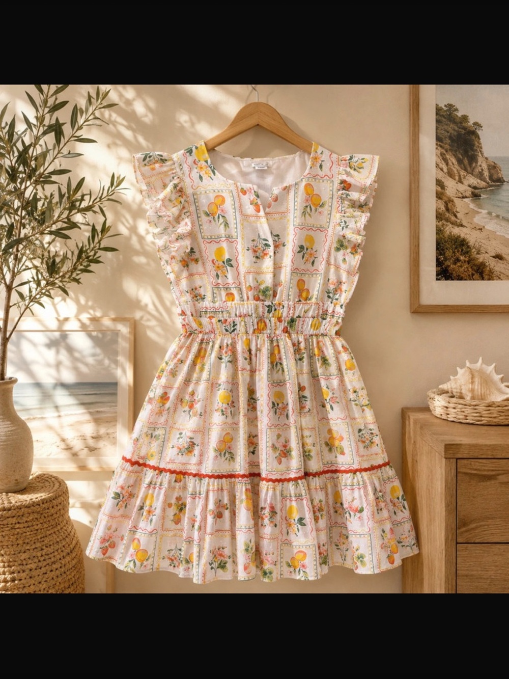Rachel Zoe Lemon & Floral Ruffle Tiered Dress in Yellow and Cream
